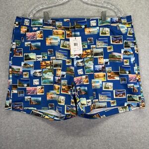 Robert Graham Swim Trunks Mens Extra Large Blue Postcards Print Lined Quick Dry